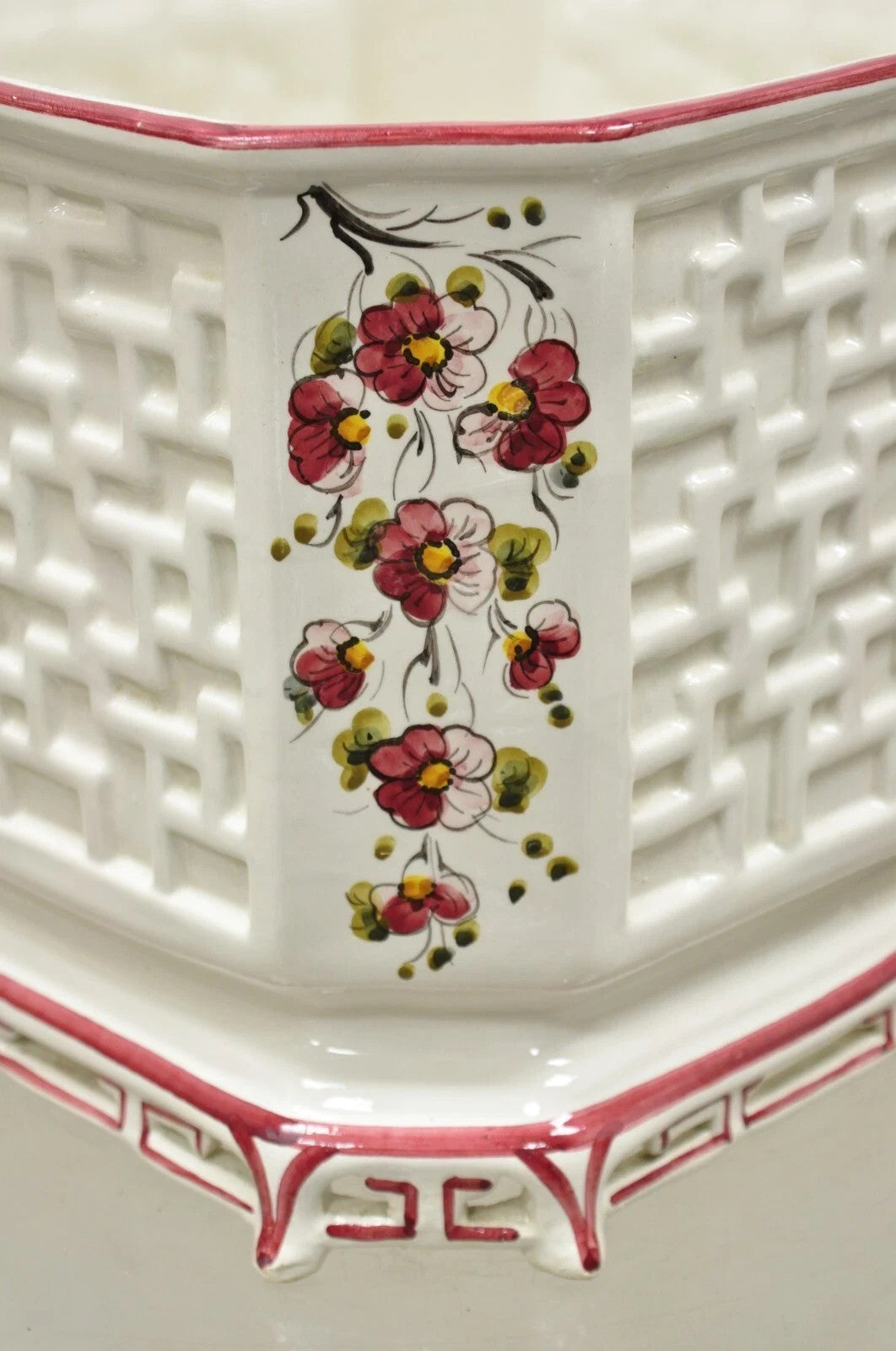 Vintage Chinoiserie Italian Porcelain Lattice Fretwork Pink Flower Planter Pot