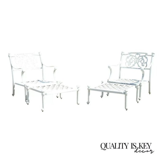 Regency Scrollwork Aluminum Garden Patio Lounge Arm Chairs with Ottoman- a Pair