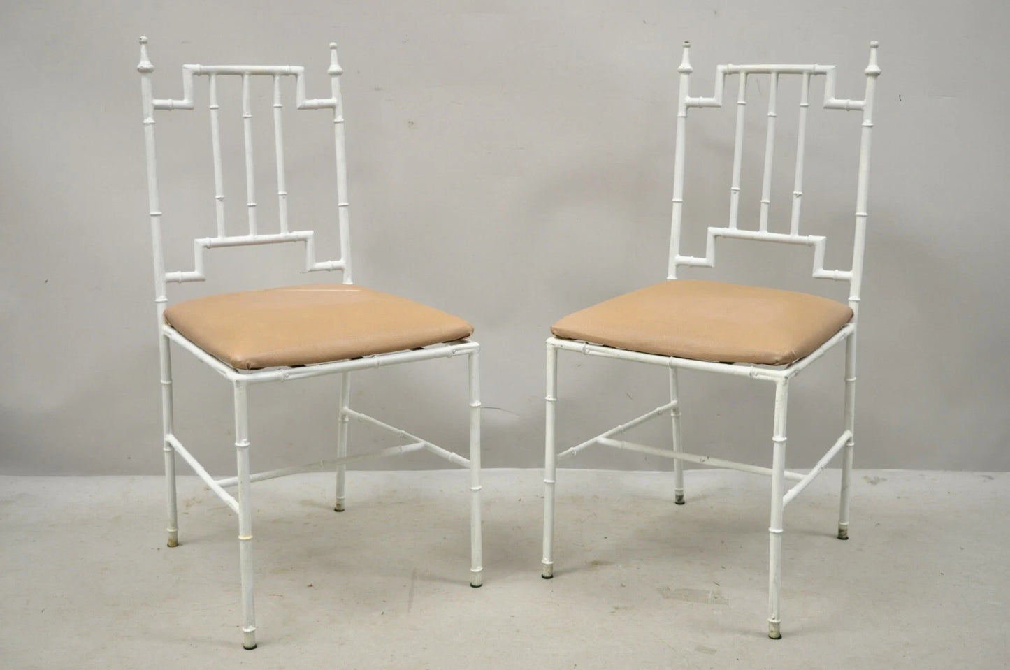 Vintage Italian Hollywood Regency White Faux Bamboo Metal Accent Side Chair Pair
