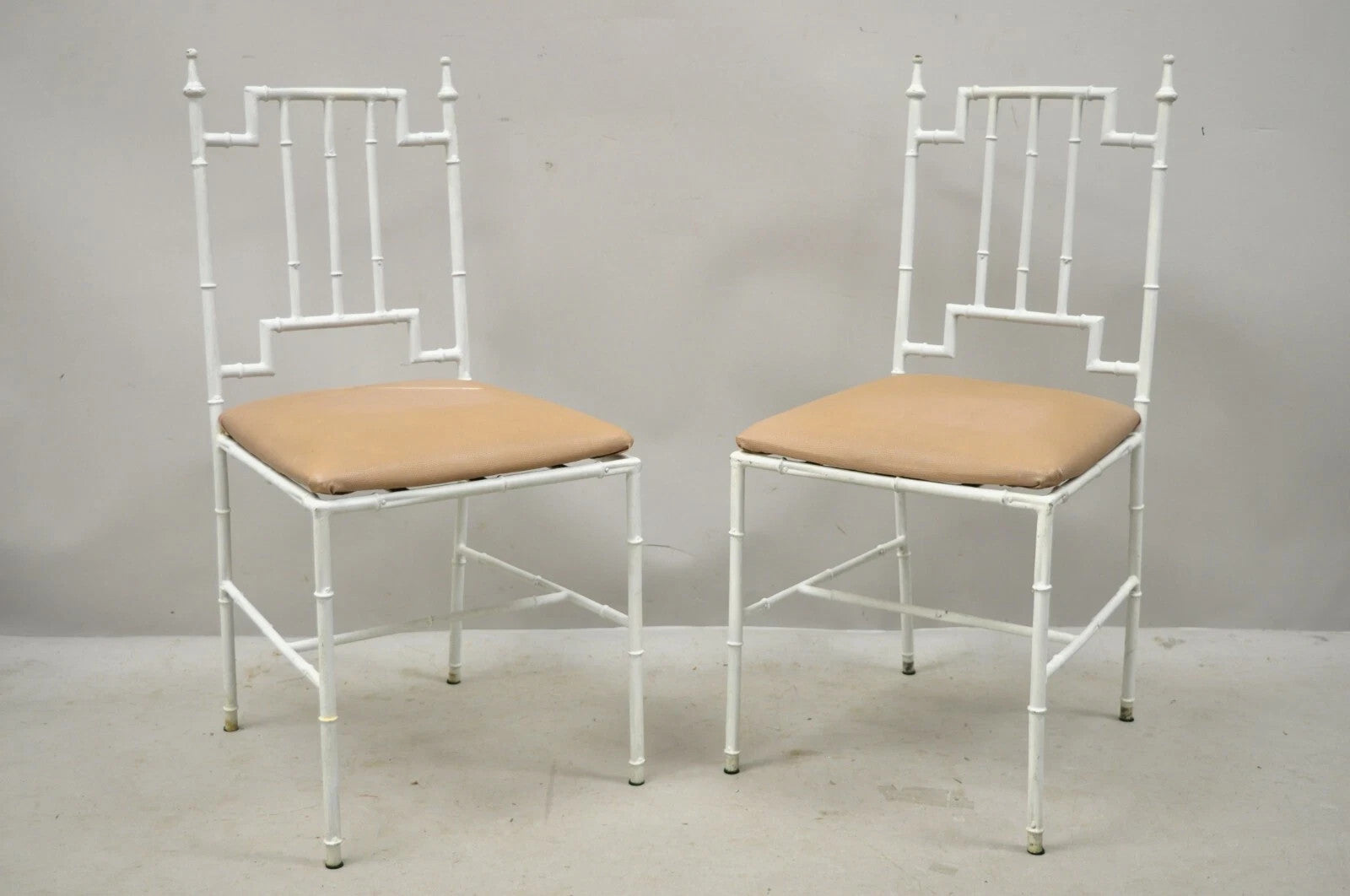 Vintage Italian Hollywood Regency White Faux Bamboo Metal Accent Side Chair Pair