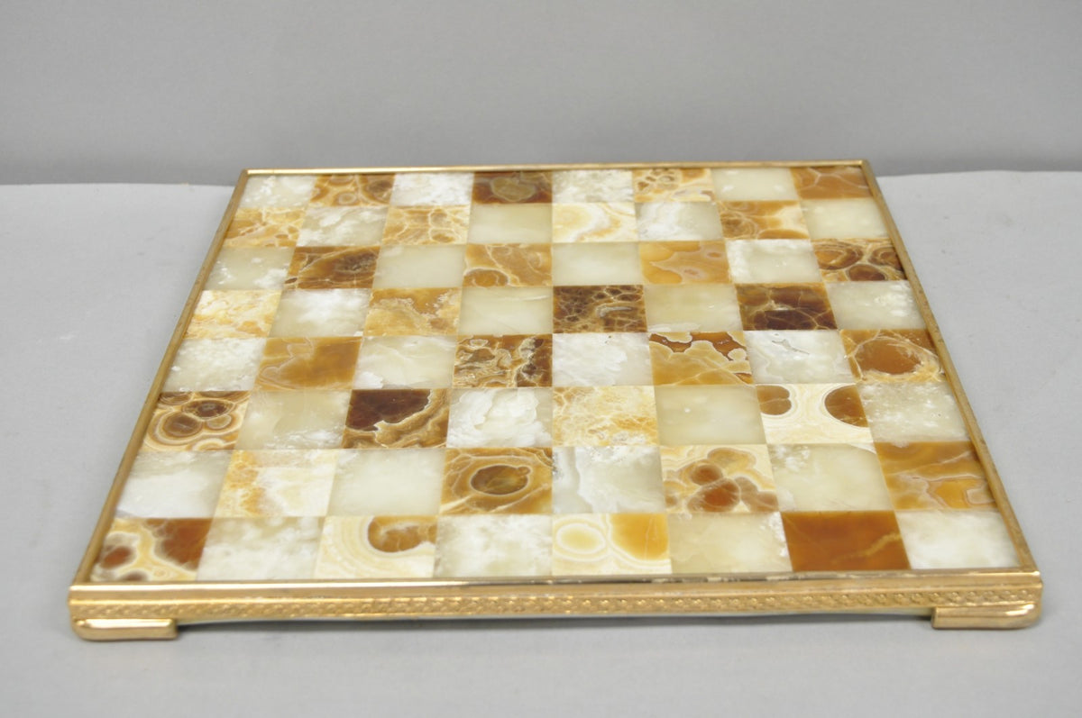 Vintage Mid Century Modern Mosaic Brown Onyx Stone Chess Game Checkerboard
