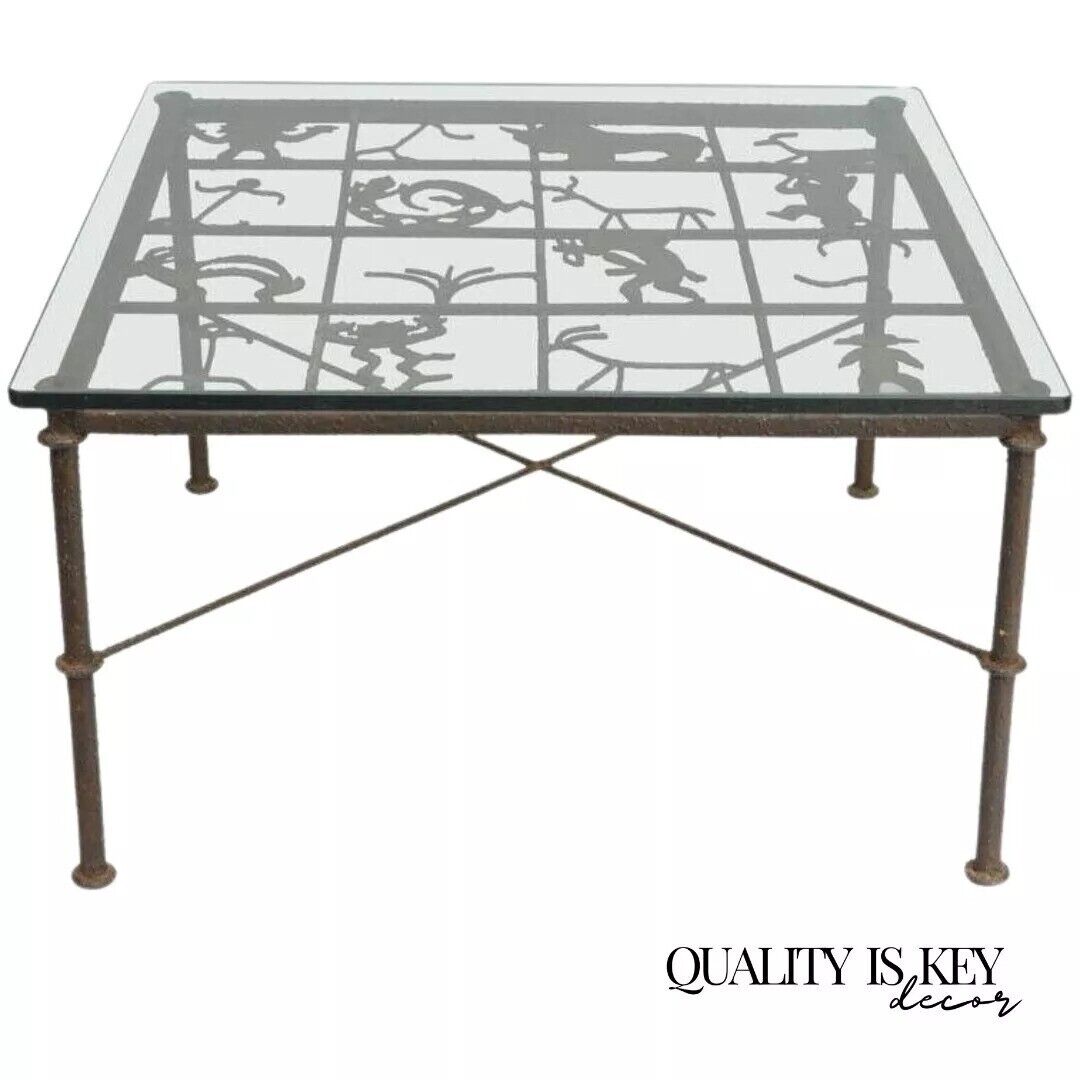 Native American Glyph Figures Metal and Glass Square Brutalist Coffee Table