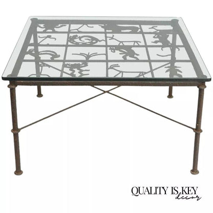 Native American Glyph Figures Metal and Glass Square Brutalist Coffee Table