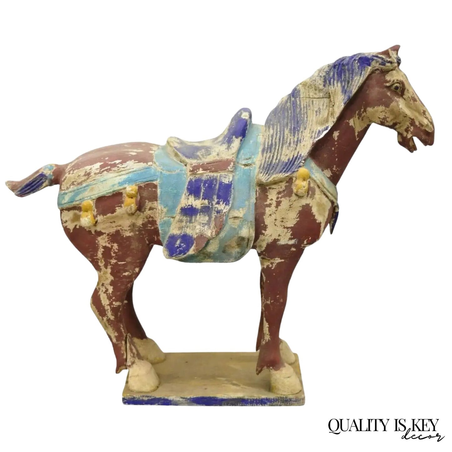 Chinese Polychrome Wooden Carved Wood 28" Tang Horse Sculpture Statue Red Blue