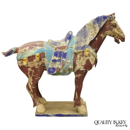 Chinese Polychrome Wooden Carved Wood 28" Tang Horse Sculpture Statue Red Blue