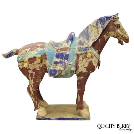 Chinese Polychrome Wooden Carved Wood 28" Tang Horse Sculpture Statue Red Blue