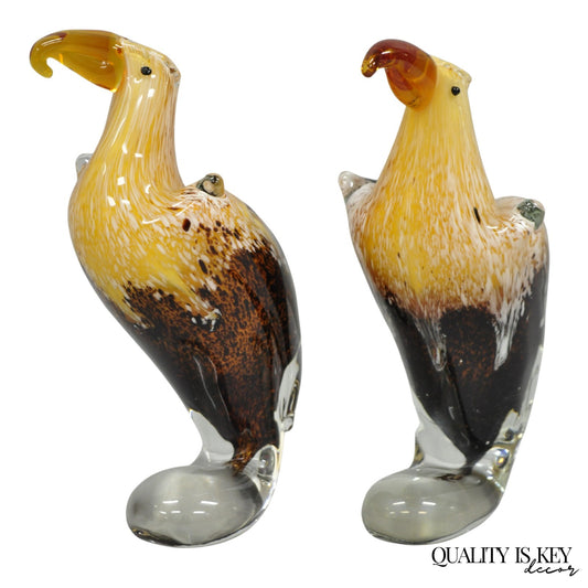 Vintage Murano Style Handblown Art Glass Brown Bald Eagle Bird Figurine - a Pair