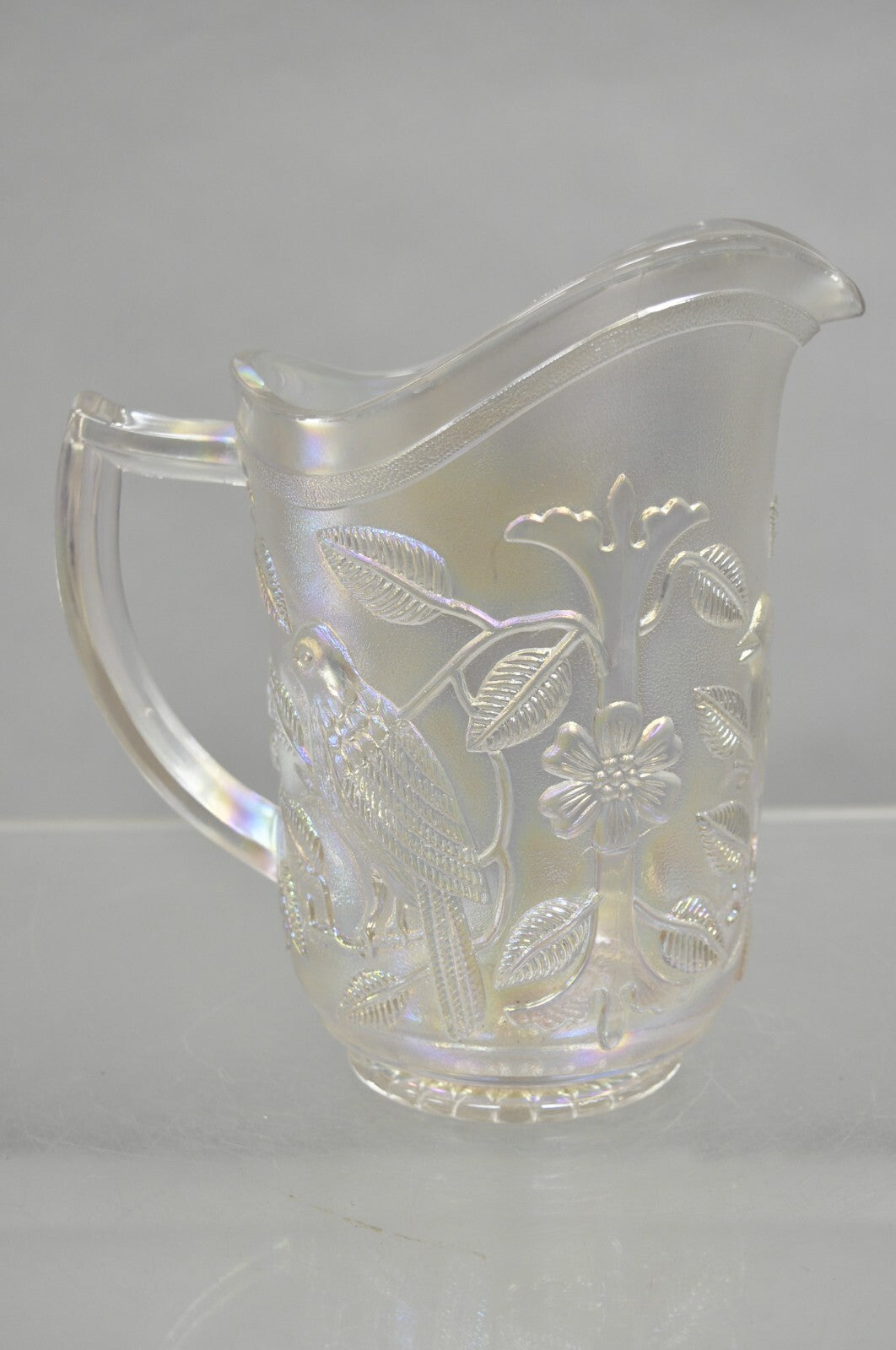 Vintage Imperial Carnival Glass Iridescent Frosty White Robins & Flowers Pitcher