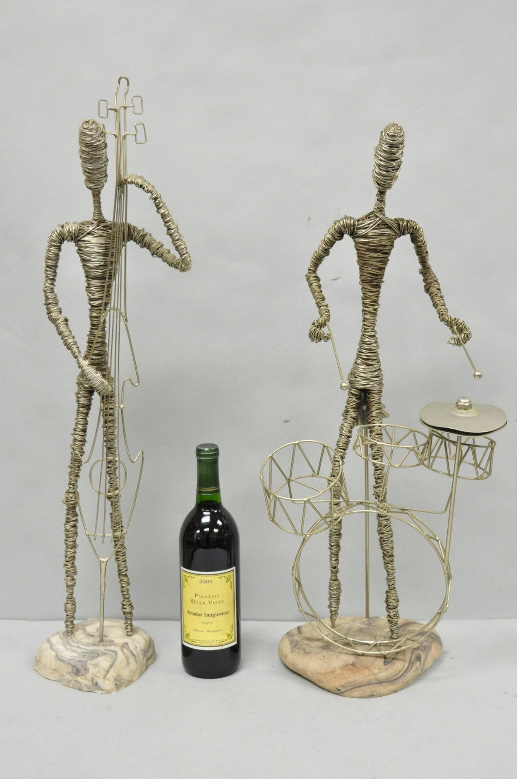 Vintage Mid Century Modern Brutalist Wire Musician Band Figure Sculpture - 2 Pc