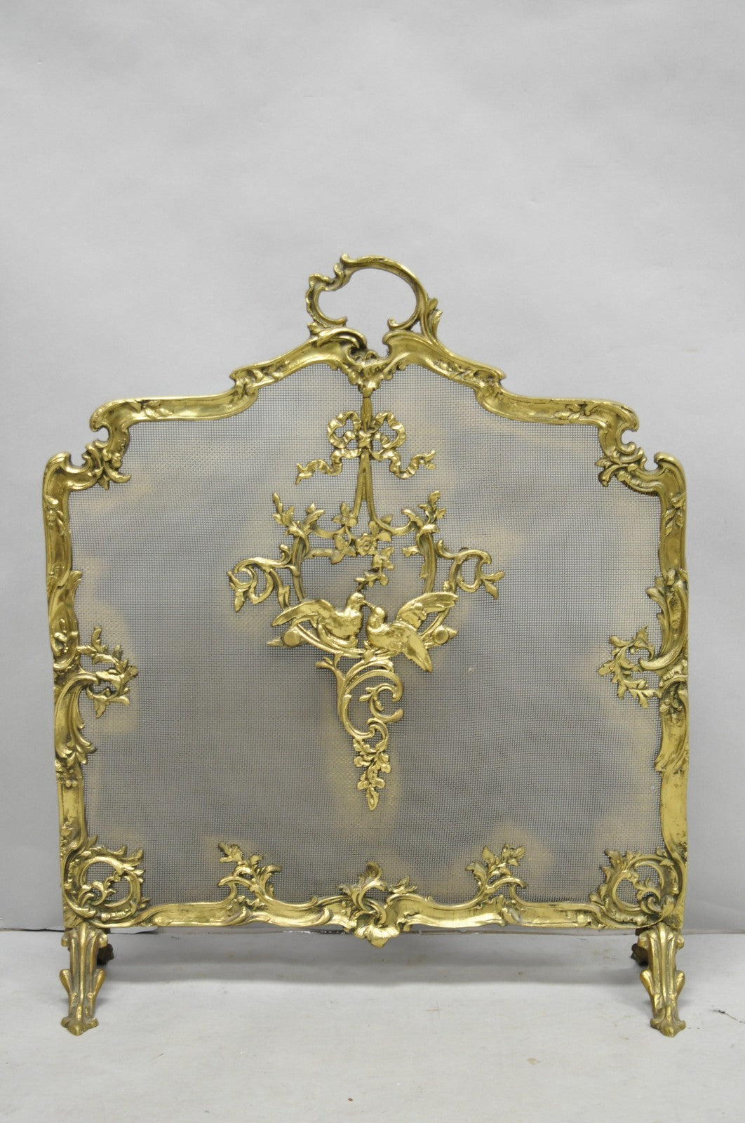 Antique French Rococo Louis XV Bronze Fireplace Firescreen Fire Screen w/ Birds