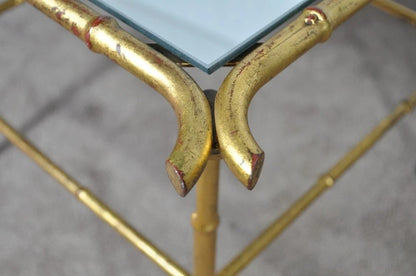 Vintage Italian Hollywood Regency Faux Bamboo Gold Mirror Low Side Tables - Pair