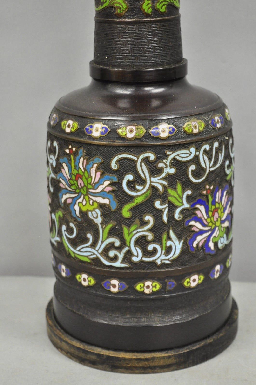 Antique Chinese Bronze Cloisonne Enameled  Champleve Chinoiserie Table Lamp