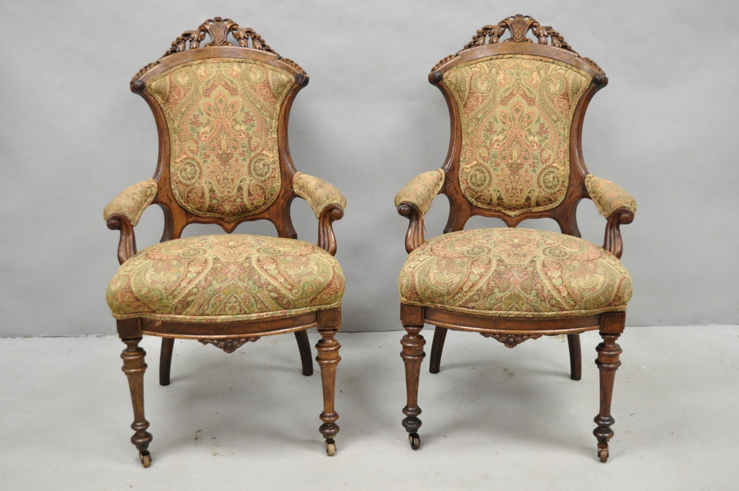 Antique Eastlake Victorian Carved Burl Walnut Parlor Set Sofa & 2 Chairs - 3 Pcs