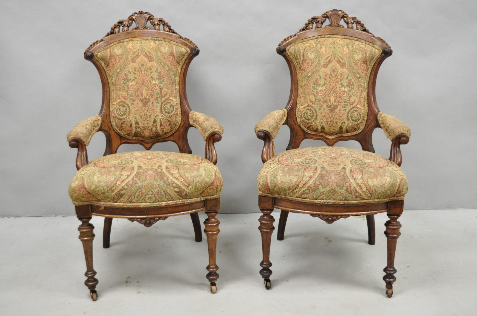 Antique Eastlake Victorian Carved Burl Walnut Parlor Set Sofa & 2 Chairs - 3 Pcs