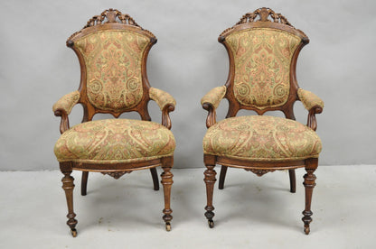 Antique Eastlake Victorian Carved Burl Walnut Parlor Set Sofa & 2 Chairs - 3 Pcs