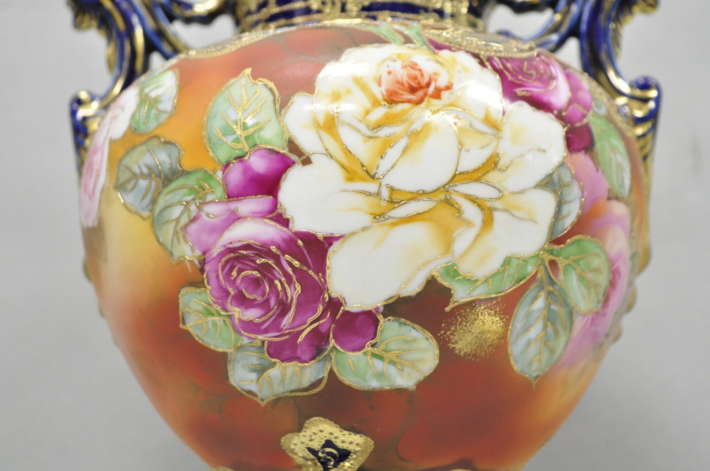 Antique Nippon Hand Painted Floral Design Cobalt Blue Porcelain Bolted Urn Vase