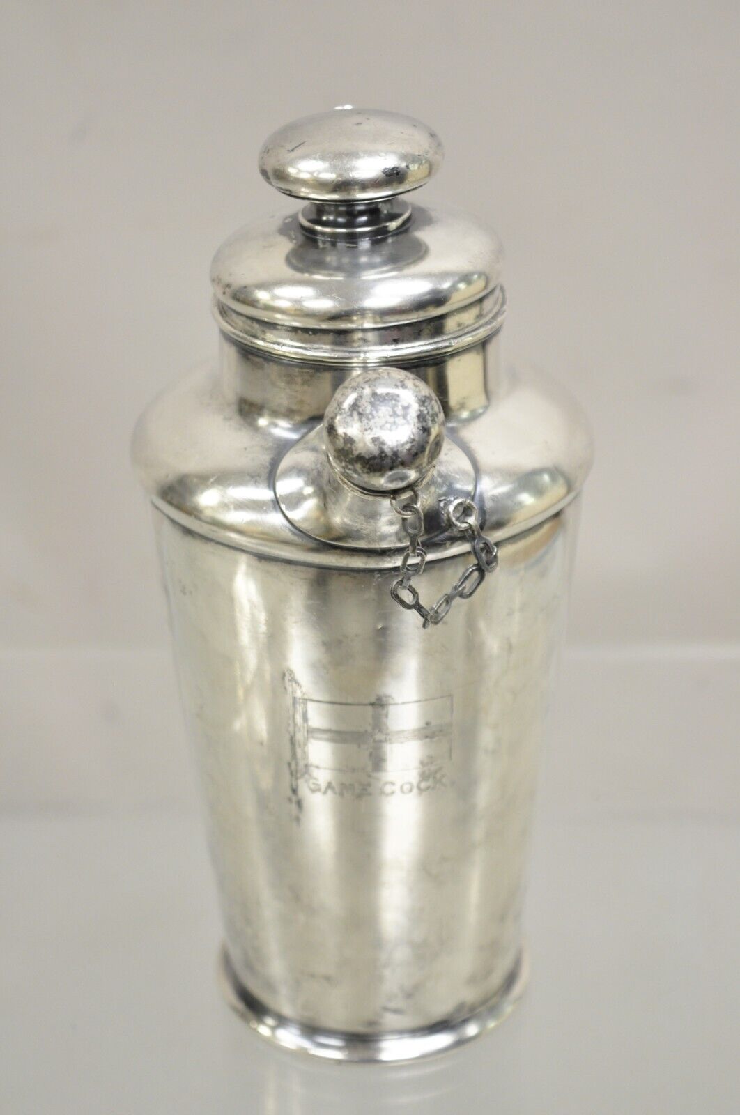 Antique Art Deco Silver Plated Martini Cocktail Shaker "Game Cock" Monogram