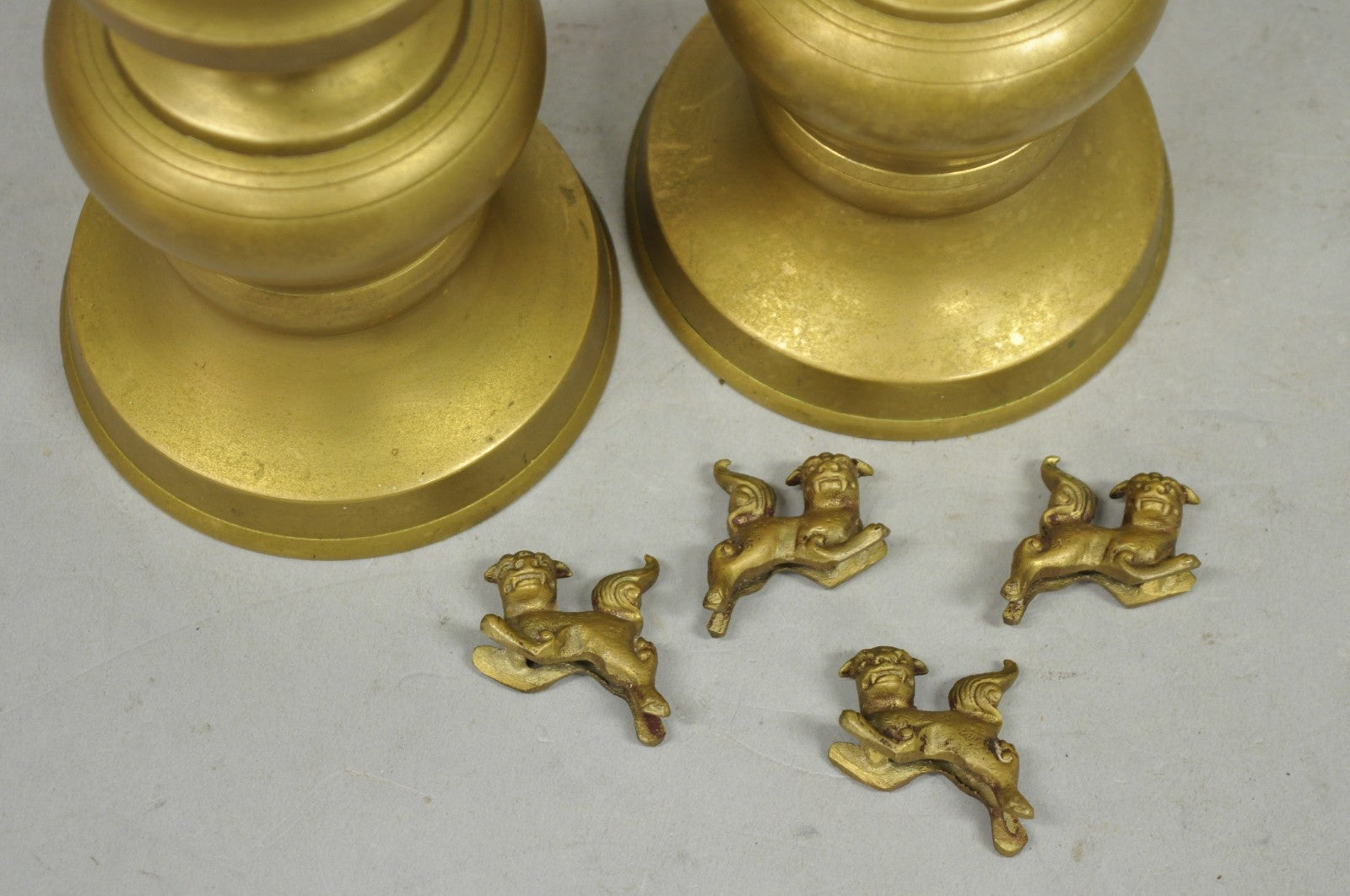 Vintage Oriental Foo Dog Stacked Brass Pricket Chinese 20" Candlesticks - a Pair
