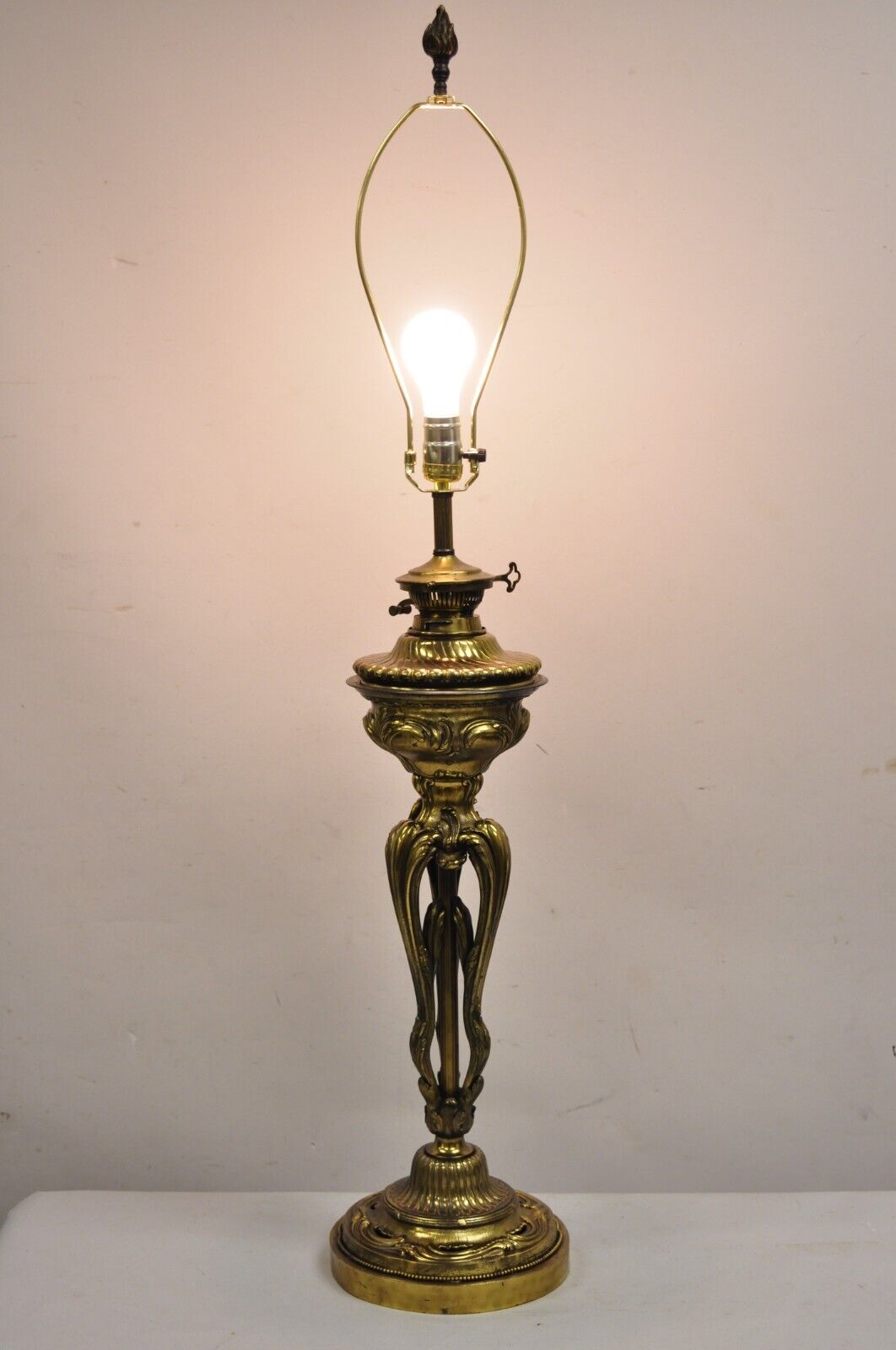 Antique Hinks & Sons French Rococo Sculptural Bronze Oil Lamp Convert Table Lamp