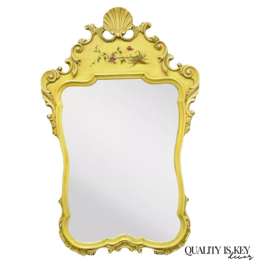 Vintage Union National Chinoiserie Yellow Shell Carved Wood Frame Wall Mirror