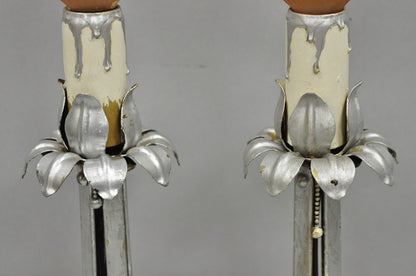 Antique Art Nouveau Wrought Iron Silver Painted Petite Boudoir Table Lamps, Pair