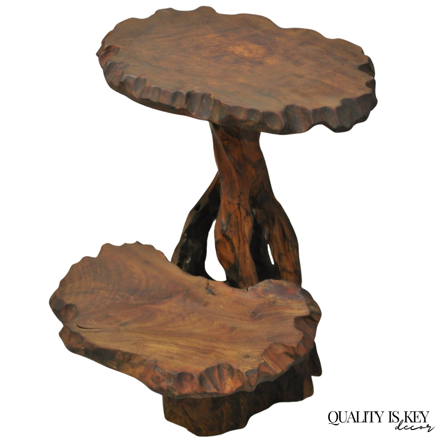 Vintage Mid Century Modern Live Edge 2 Tier Walnut Plant Stand Side Table