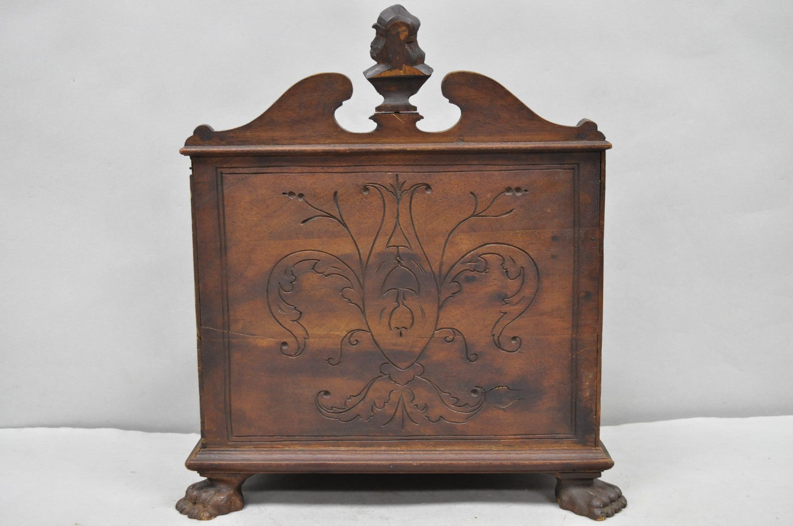 Antique Italian Renaissance Figural Carved Walnut Paw Foot Desk Letterbox