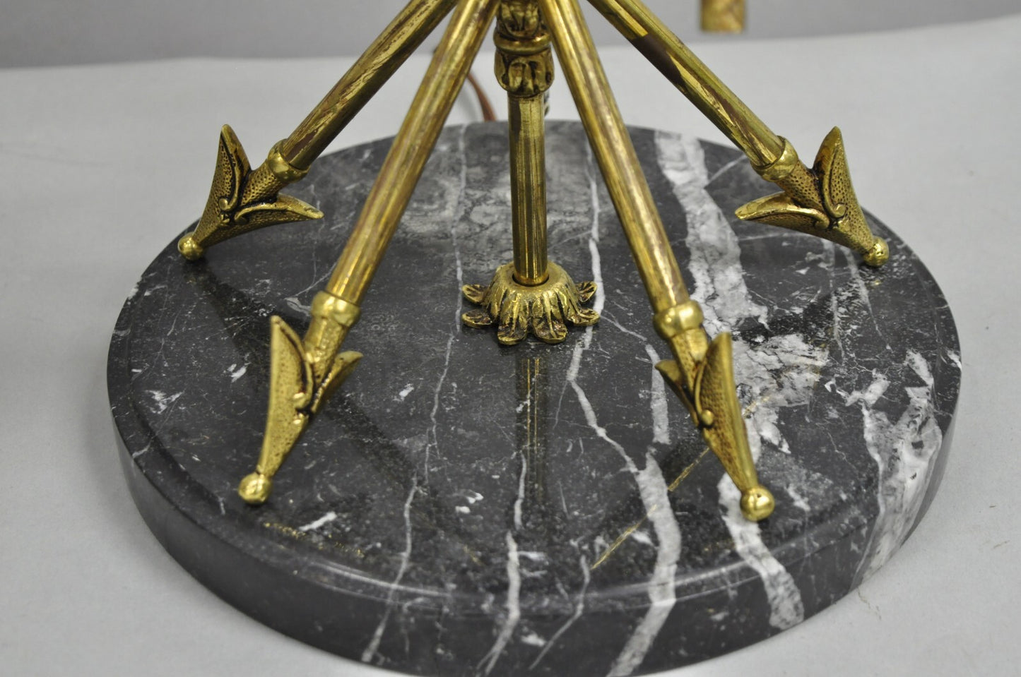 Vintage French Neoclassical Brass "Arrow" Marble Candelabra Table Lamps - a Pair