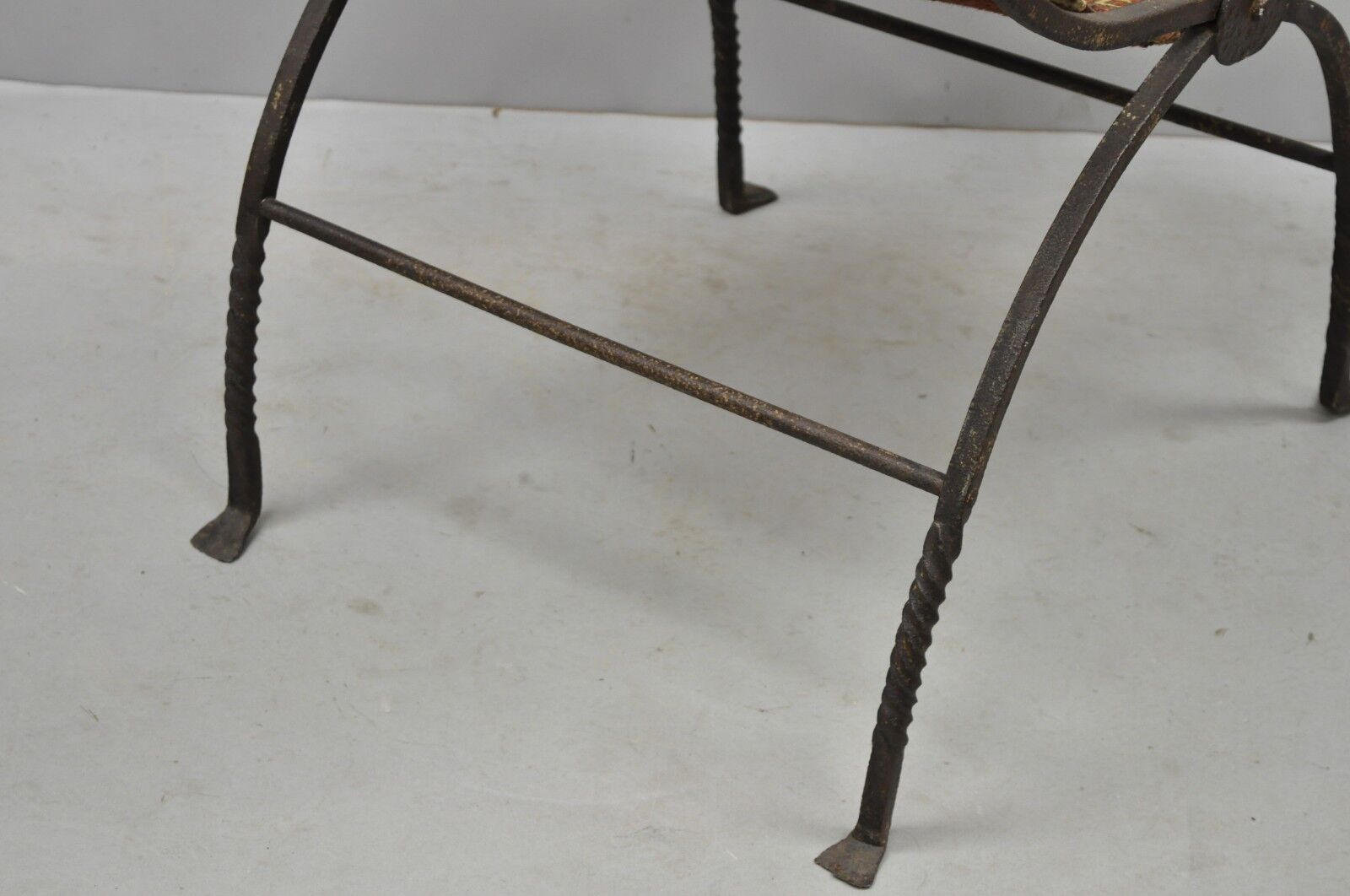19th C. Renaissance Wrought Iron Curule Savonarola Carpet Sling Side Chair