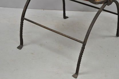 19th C. Renaissance Wrought Iron Curule Savonarola Carpet Sling Side Chair