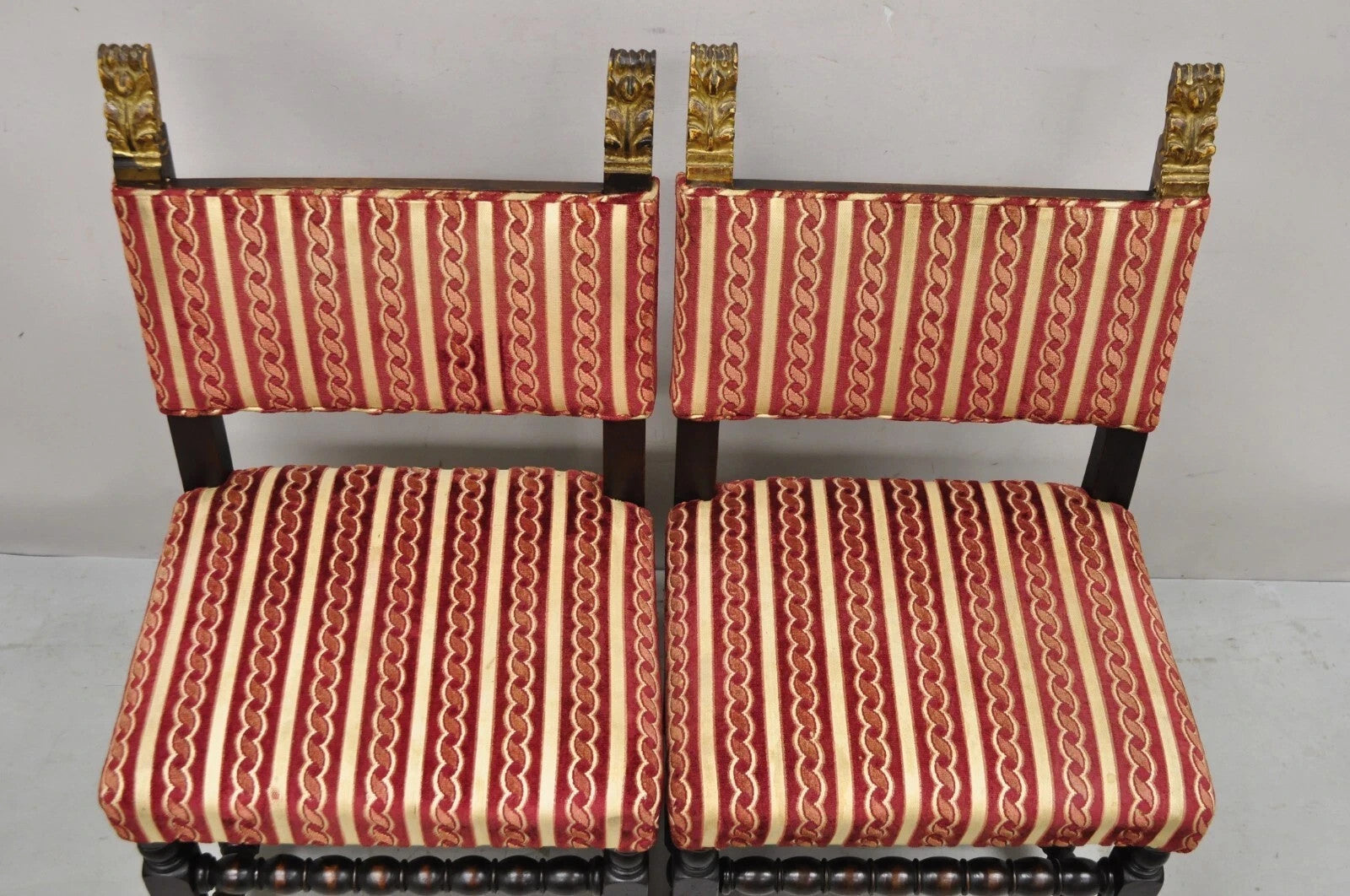 Antique Small Jacobean Style Turn Carved Walnut Accent Side Chairs - a Pair