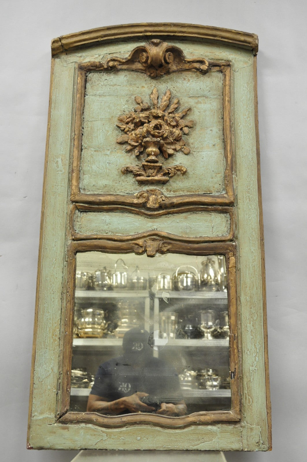 18th C French Louis XV Baroque Style Green Distress Painted Trumeau Wall Mirror