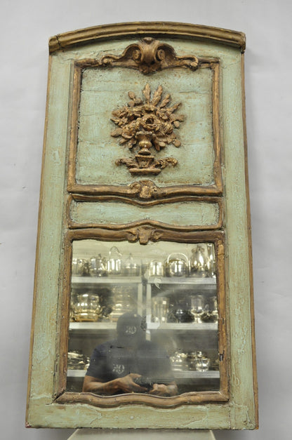 18th C French Louis XV Baroque Style Green Distress Painted Trumeau Wall Mirror