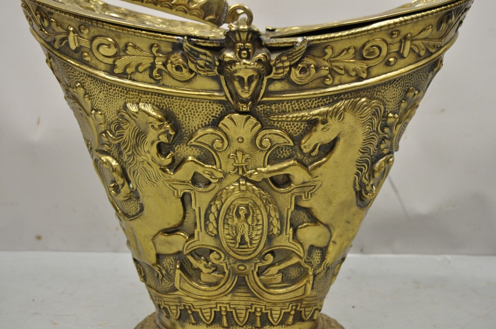 Antique English Renaissance Unicorn, Lion Shield Figural Brass Coal Bucket Bin