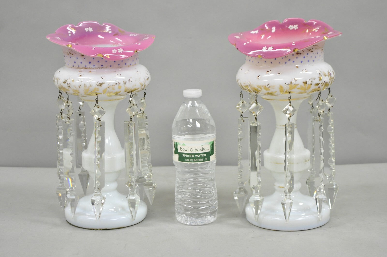 Antique Czech Victorian Bohemian Pink White Mantel Lusters Lustres - a Pair