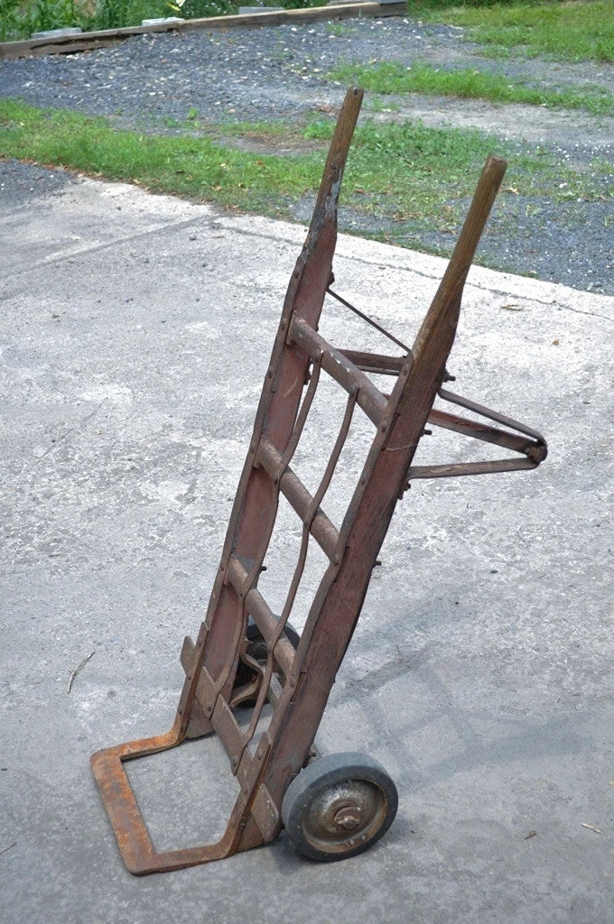 Antique Industrial Steampunk Distressed Iron & Wood Rolling Hand Truck Cart