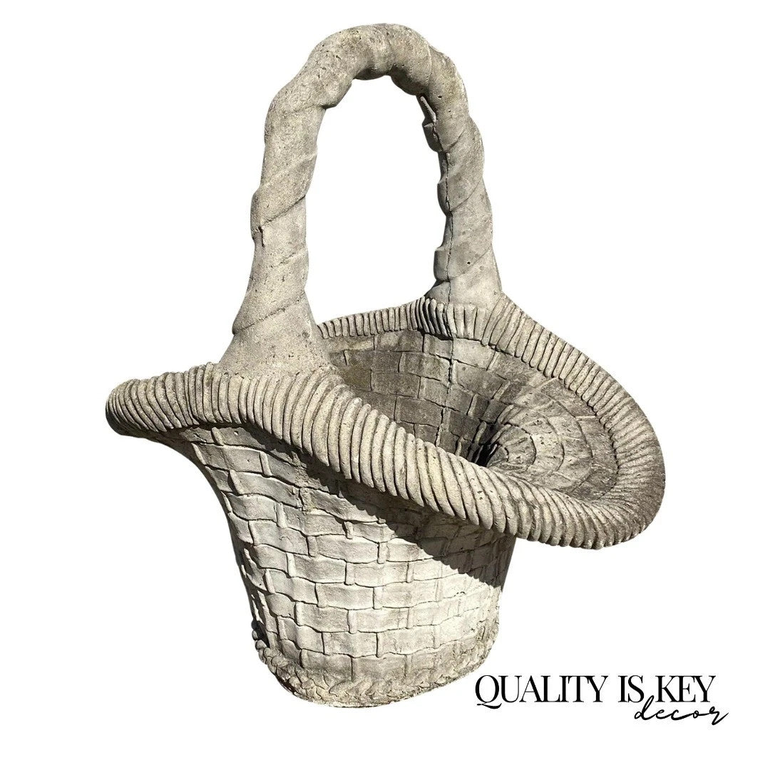 Vintage Woven Basket with Handle Cast Concrete Stone Large Garden Planter Pot