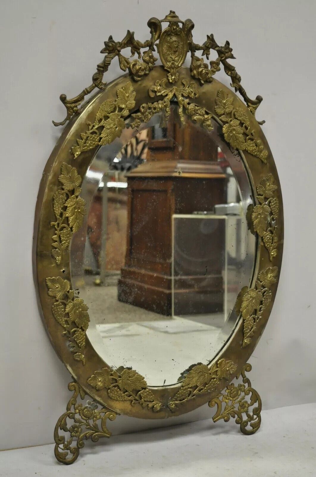 Antique French Victorian Brass Frame Bronze Ormolu Oval Beveled Glass Mirror