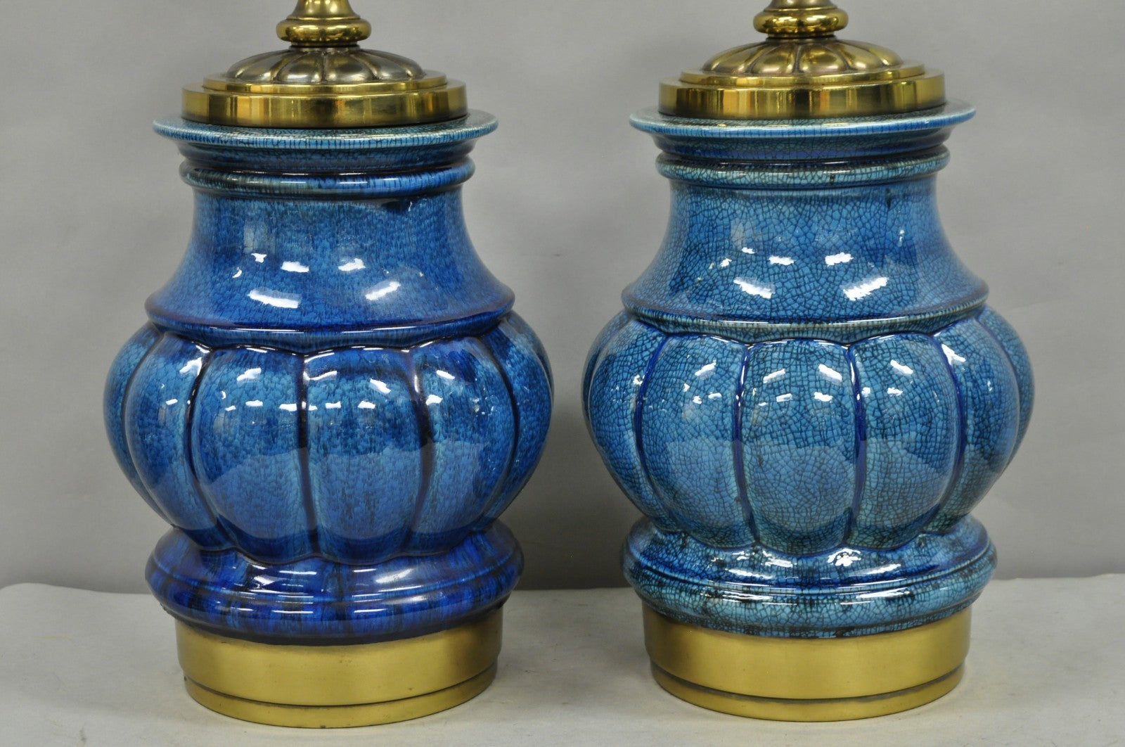 Stiffel Mid Century Modern Blue Crackle Glazed Ceramic Brass Table Lamps