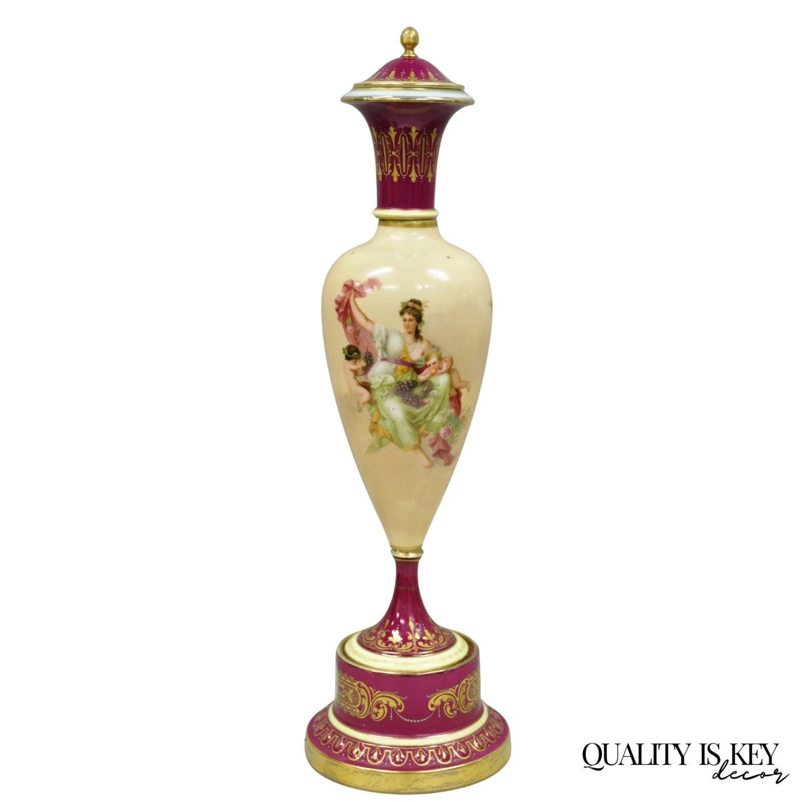 Antique Royal Vienna Austrian Porcelain 21" Hand Painted Red Urn Vase with Lid