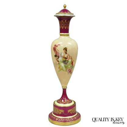 Antique Royal Vienna Austrian Porcelain 21" Hand Painted Red Urn Vase with Lid