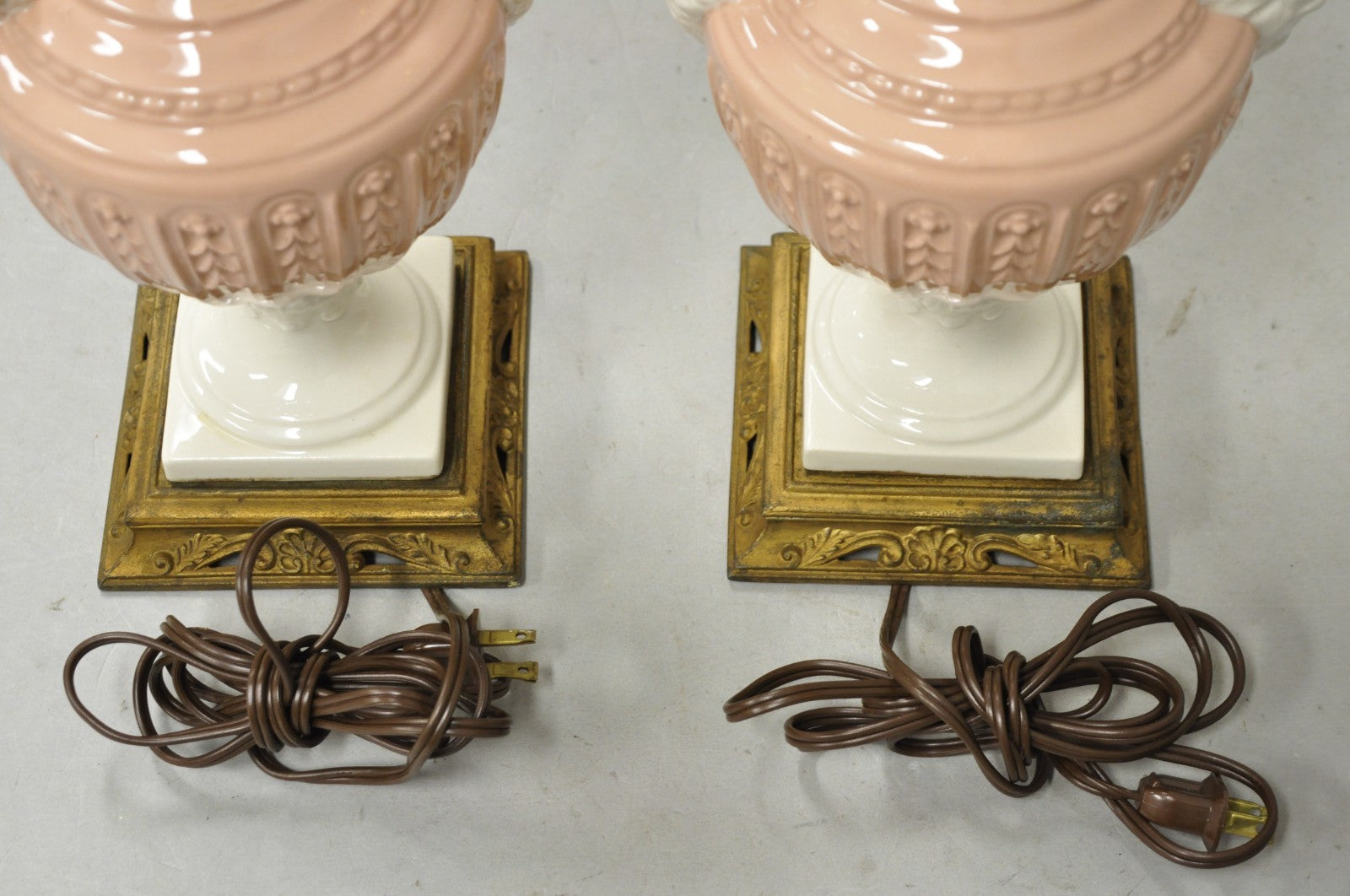 Vintage Italian Neoclassical Pink Porcelain Urn Table Lamps w/ Bearded Man, Pair