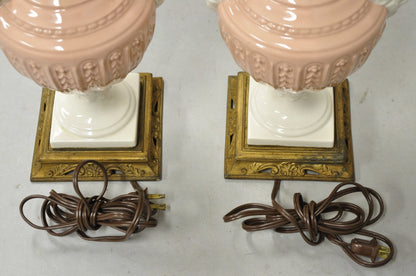 Vintage Italian Neoclassical Pink Porcelain Urn Table Lamps w/ Bearded Man, Pair