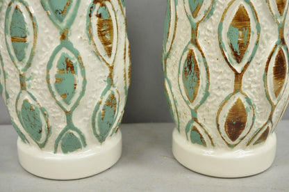Vintage Mid Century Modern Turquoise Blue White Ceramic Pottery Table Lamp Pair