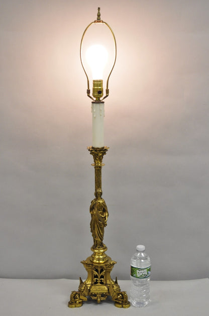 Antique French Empire Renaissance Bronze Maiden Candlestick Table Lamp