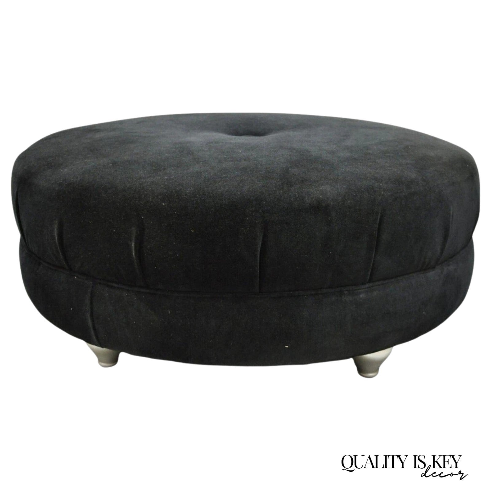 Modern Black Button Tufted 38" Round Ottoman w/ Silver Bun Feet by Carter
