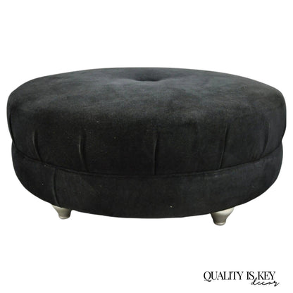 Modern Black Button Tufted 38" Round Ottoman w/ Silver Bun Feet by Carter