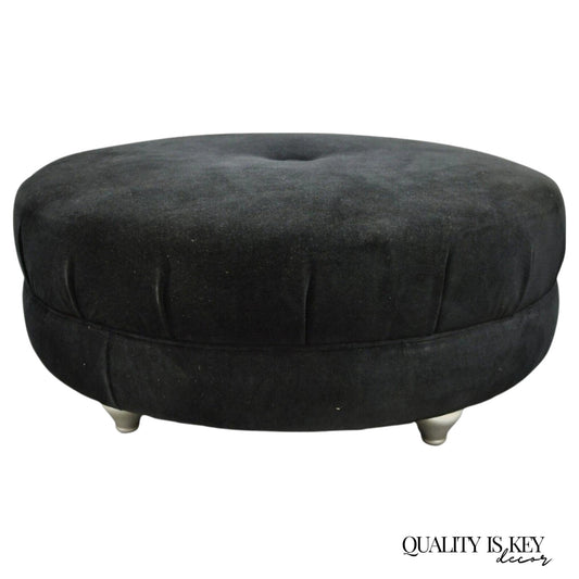 Modern Black Button Tufted 38" Round Ottoman w/ Silver Bun Feet by Carter