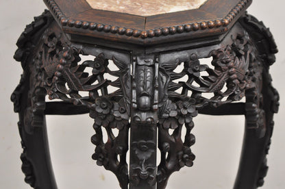 Antique Chinese Carved Hardwood Marble Top Oriental Plant Stand Side Table