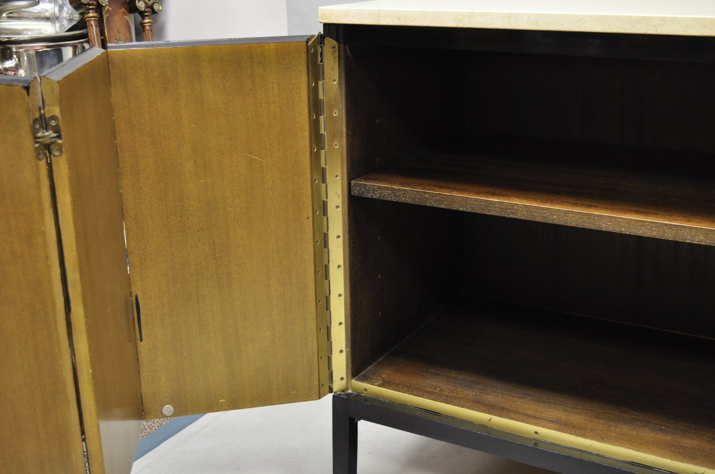 Paul McCobb for Calvin Irwin Travertine Top Black Mahogany Sideboard Credenza